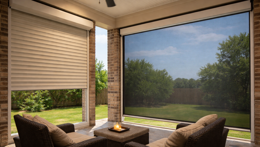 Motorized retractable screens and storm shutters on a covered patio in Shreveport, LA during bright daylight with outdoor seating and backyard view